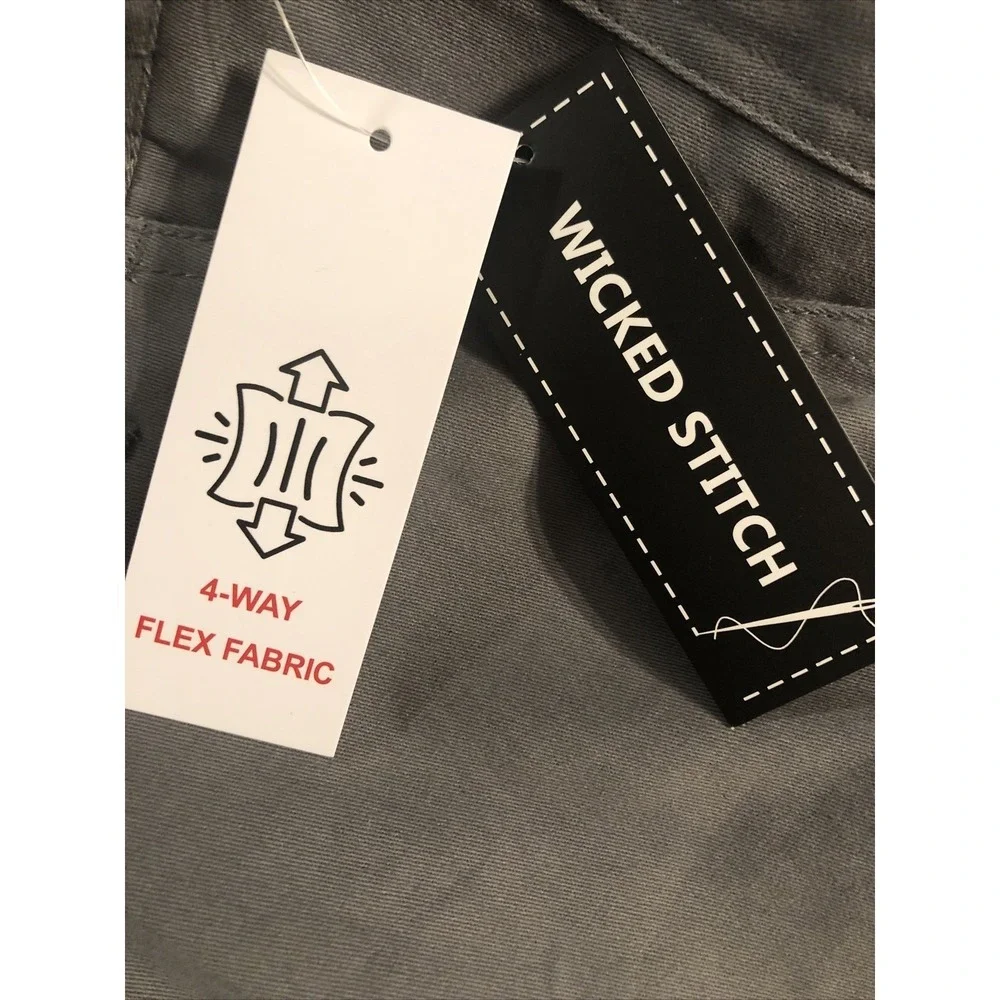 Wicked Stitch Men's 38 4 Way Flex Cargo Work‎ Active Pants Grey Flat Front NEW